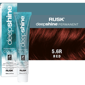 Rusk Deepshine red hair color 5.6R tube with a sample of the rich red shade.