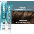 Rusk Deepshine 7.003NW hair color product packaging and medium blonde swatch