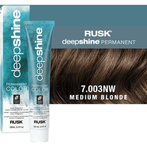 Rusk Deepshine 7.003NW hair color product packaging and medium blonde swatch