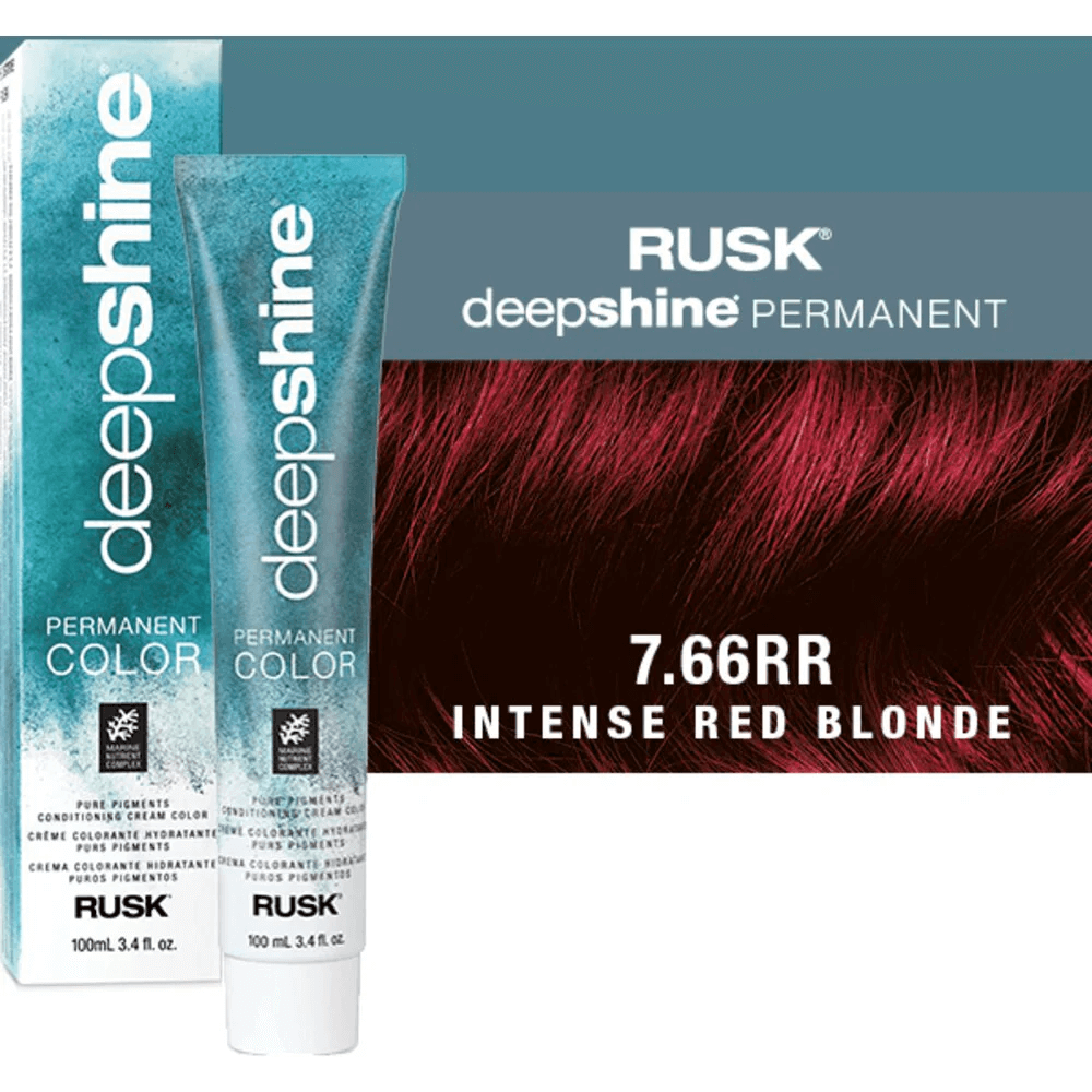 Rusk Deepshine 7.66R Intense Red Blonde Permanent Hair Colour tube and swatch, ideal for long-lasting vibrant hair
